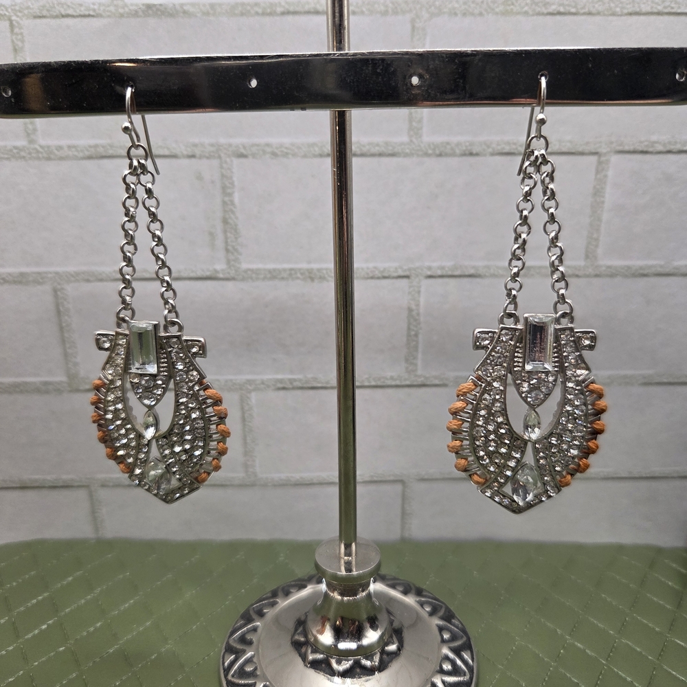 1012. Silver-tone Dangle Earrings with Rhinestoned And Orange Accent String